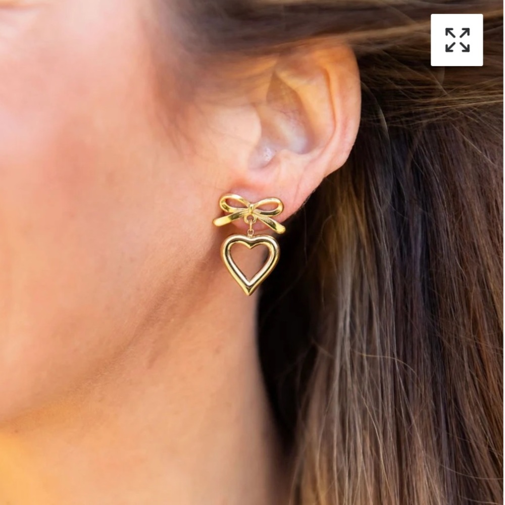 Goldenthread Bow + Heart Stainless Steel Drop Earrings New in Box